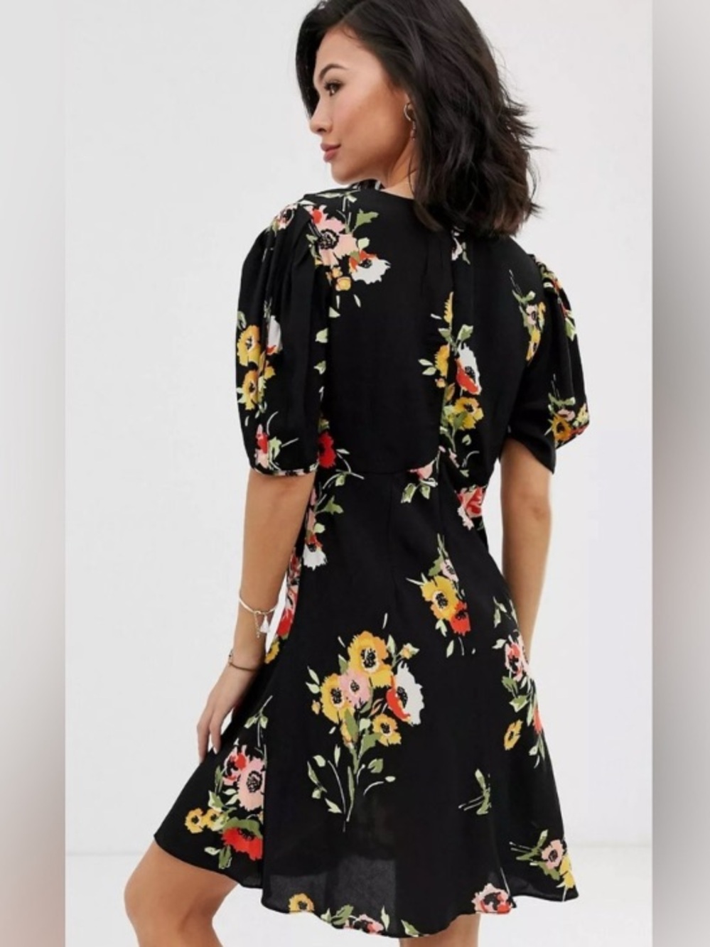 Free People Black Floral V-Neck Short Dress - Picture 2 of 8